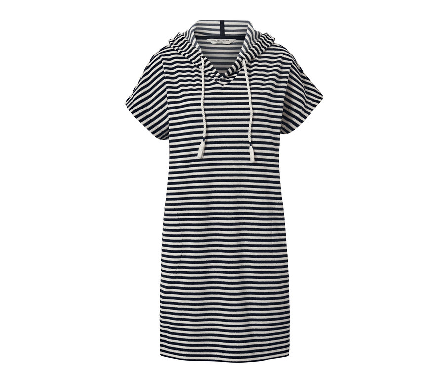 Robe de plage rayée bleu et blanc en tissu éponge avec capuche et manches courtes.