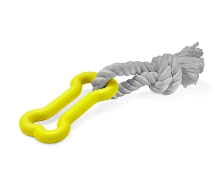 Jouet pour chien jaune avec corde.