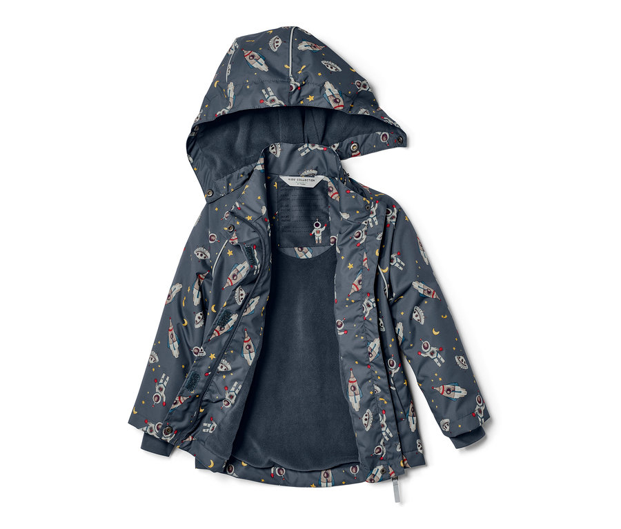 Veste de pluie thermique ouverte pour enfant bleu foncé avec motif fusées et étoiles.