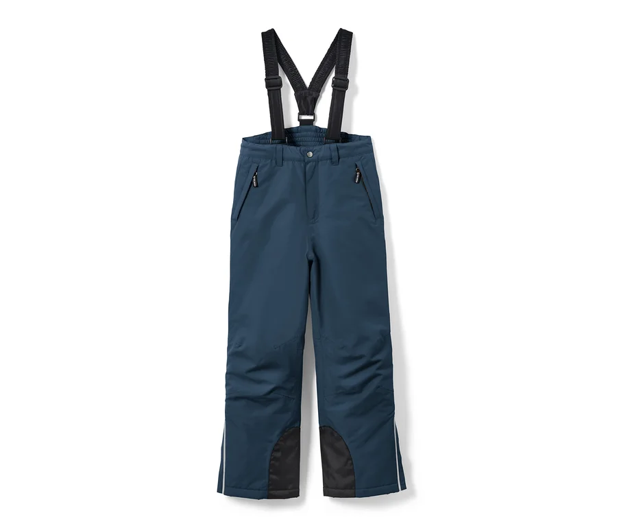 Pantalon de ski bleu marine pour enfant avec des patchs noirs à l'intérieur des jambes et des bretelles élastiques noires.