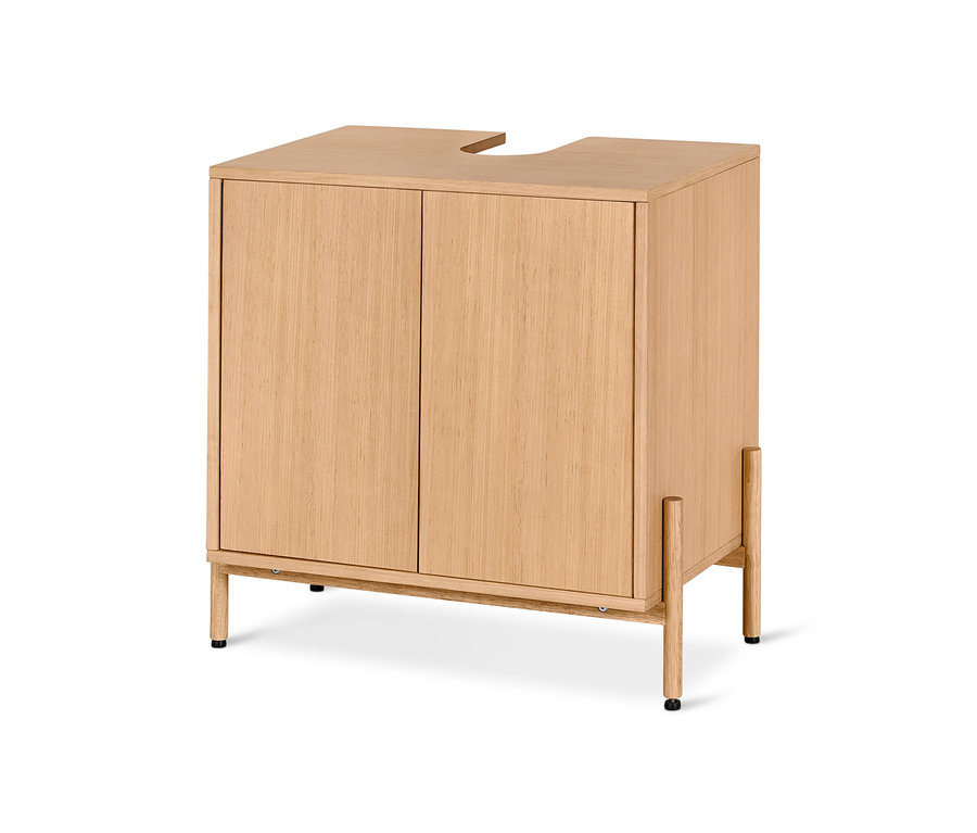 Meuble sous vasque avec placage en bois.