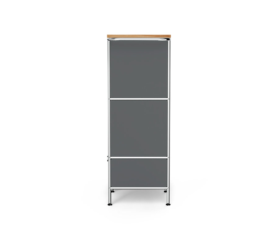 Meuble en métal gris « CN3 » avec plateau en bois, un abattant et quatre tiroirs.
