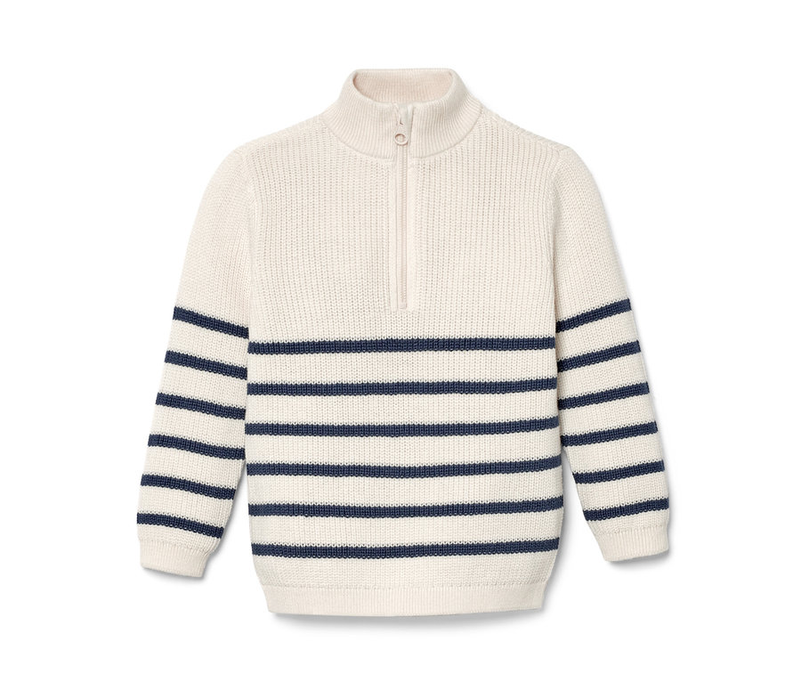 Un pull camionneur pour enfant crème avec des rayures bleues marine.