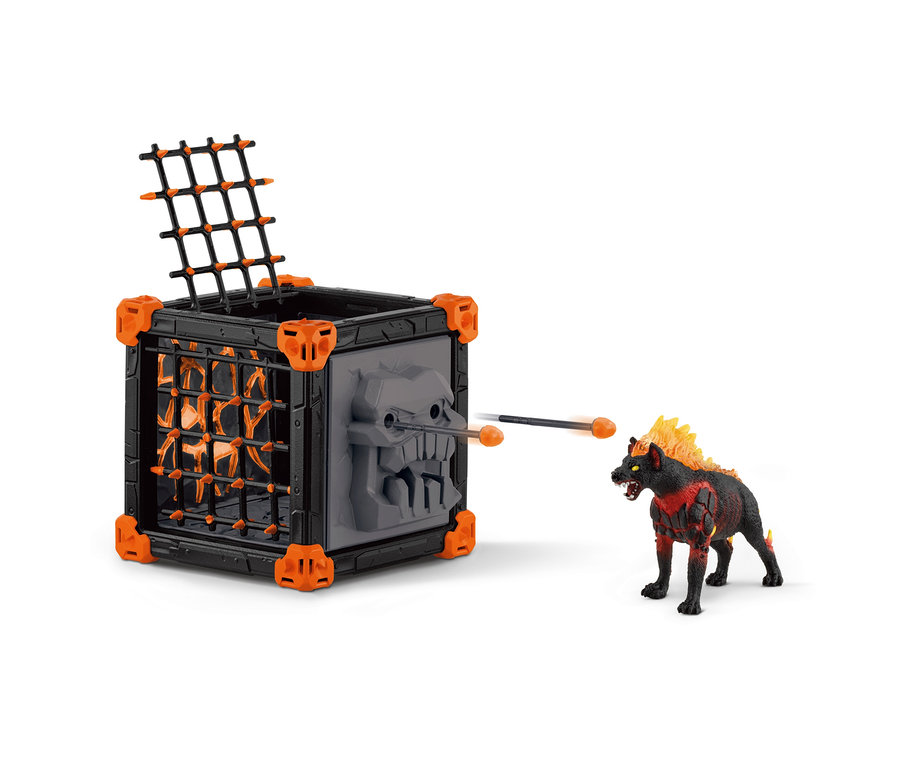 La hyène de lave BattleCave Eldrador de Schleich se tient à côté de la grotte de lave.