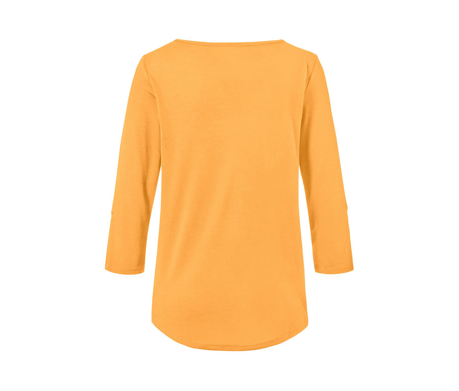 Vue détaillée de l'arrière d'un t-shirt fonctionnel orange à manches 3/4.