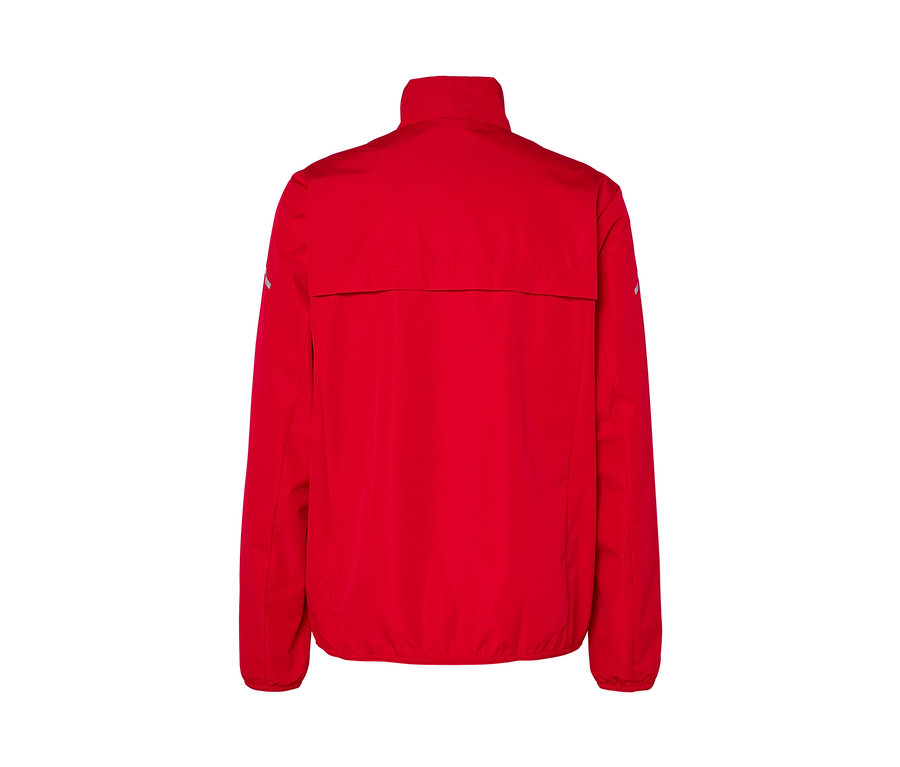 Vue arrière d'une veste technique coupe-vent rouge.