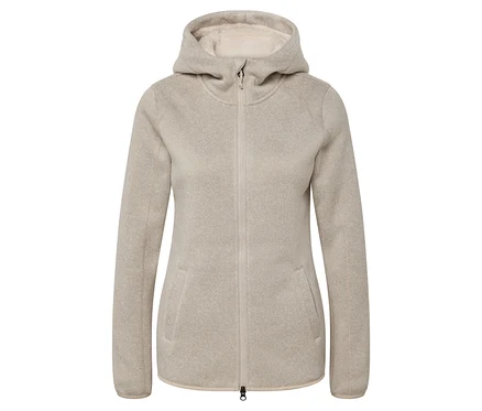 Veste beige en molleton avec capuche et fermeture éclair au centre.