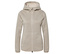Veste beige en molleton avec capuche et fermeture éclair au centre.