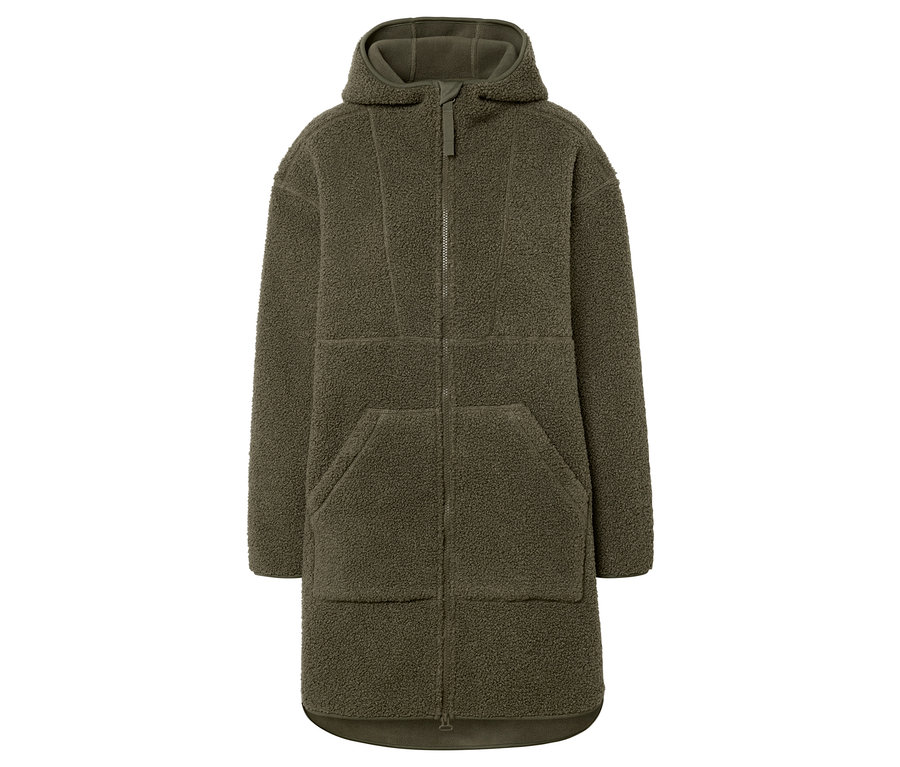 Manteau vert duveteux avec une capuche et une fermeture éclair au milieu.