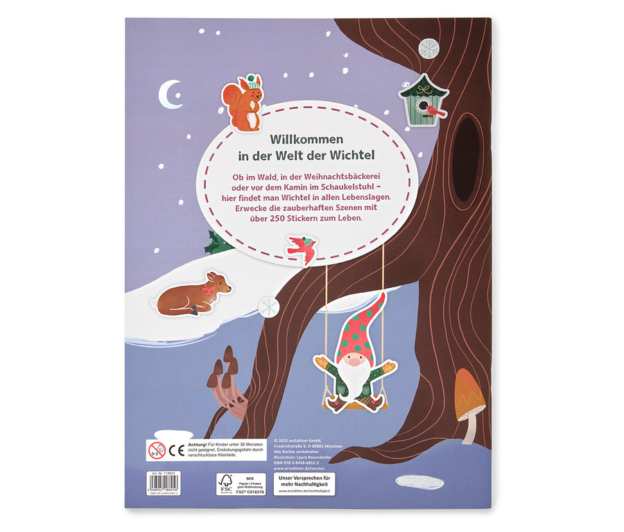 Illustration d'une scène de forêt avec un écureuil, un cerf et un lutin sur une balançoire.