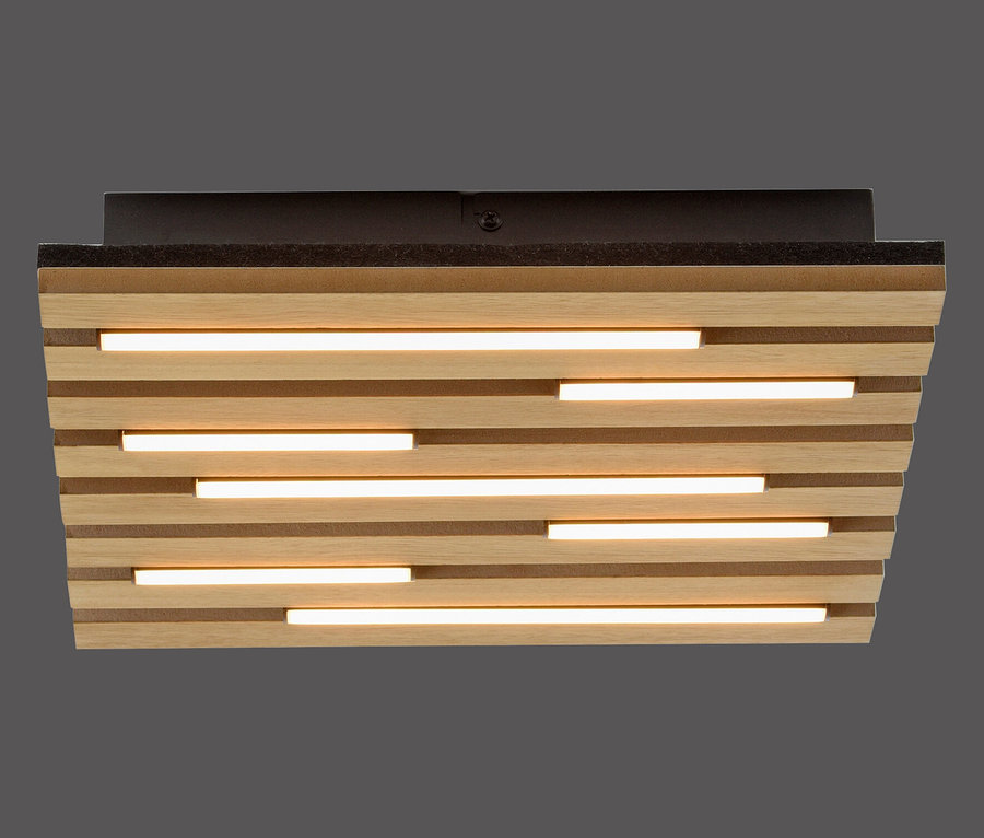Plafonnier en bois avec bandes LED horizontales.