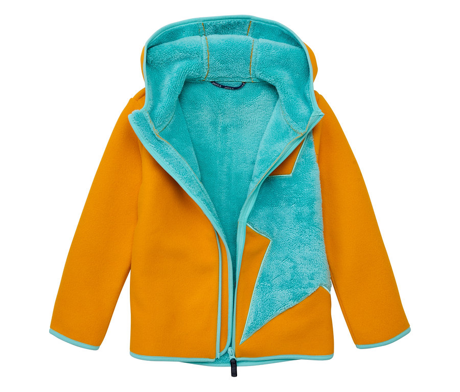 Veste polaire douillette JAKO-O ouverte, couleur safran avec doublure turquoise.