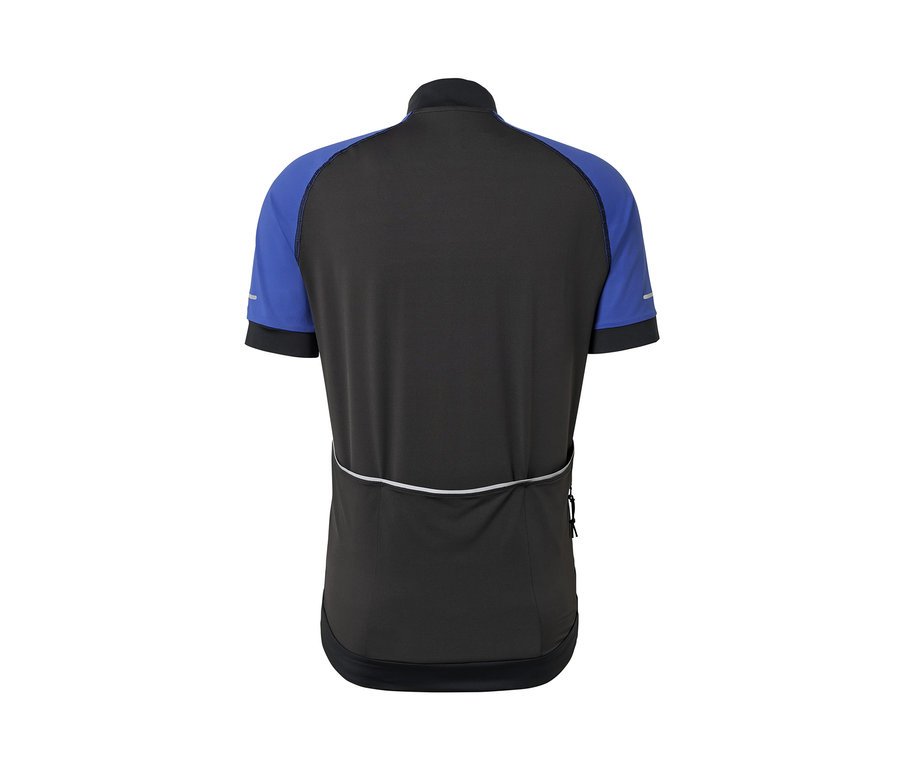 Vue détaillée de l'arrière d'un maillot de cyclisme bleu.
