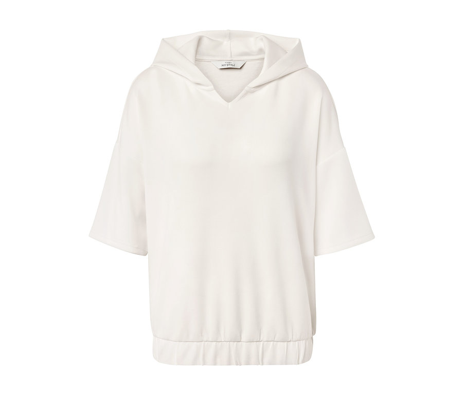 Pull à capuche en mélange de modal couleur crème à manches courtes.