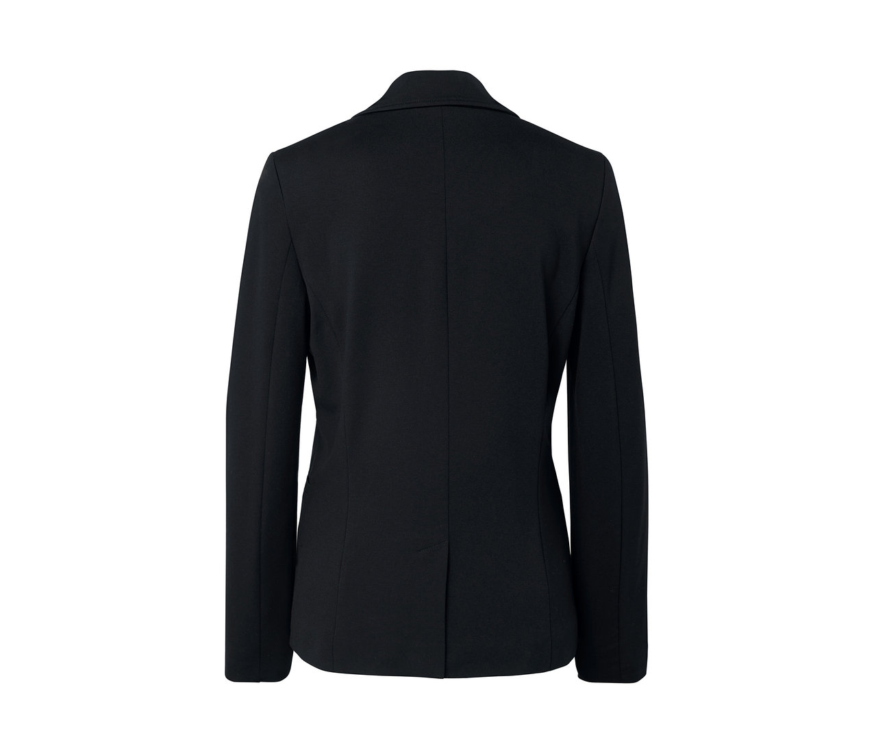 Vue détaillée de l'arrière d'un blazer en jersey noir.