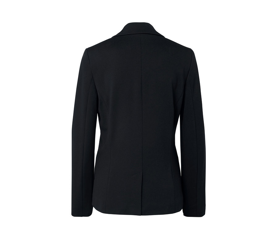 Vue détaillée de l'arrière d'un blazer en jersey noir.