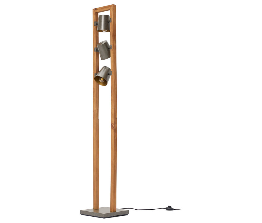 Lampadaire avec cadre en bois et trois projecteurs en métal.