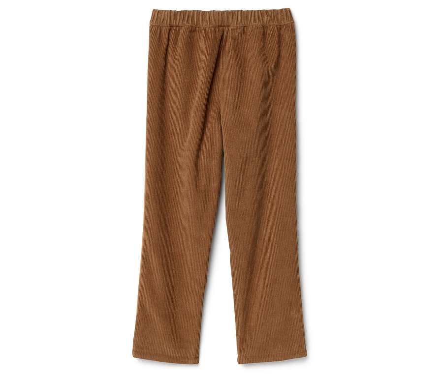 Pantalon marron en velours côtelé avec taille élastique.