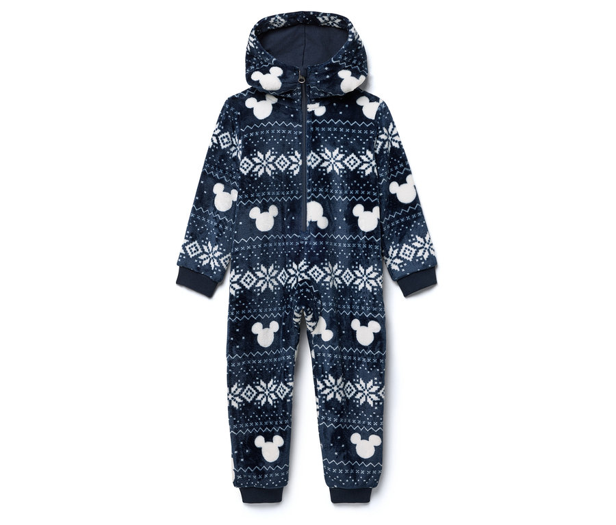 Combinaison bleue et duveteuse avec capuche, motifs Mickey Mouse et flocons de neige.