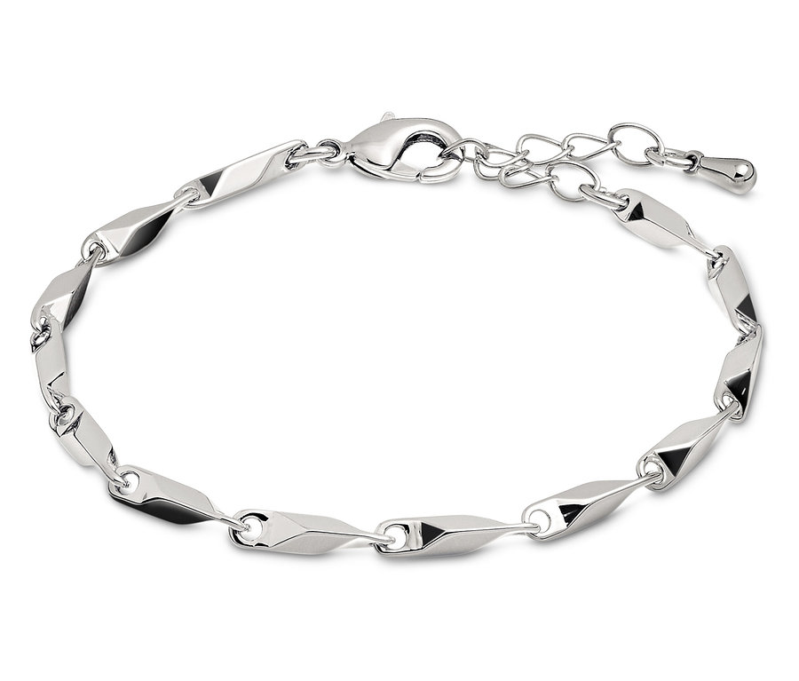 Bracelet argenté avec des éléments décoratifs sur fond blanc.