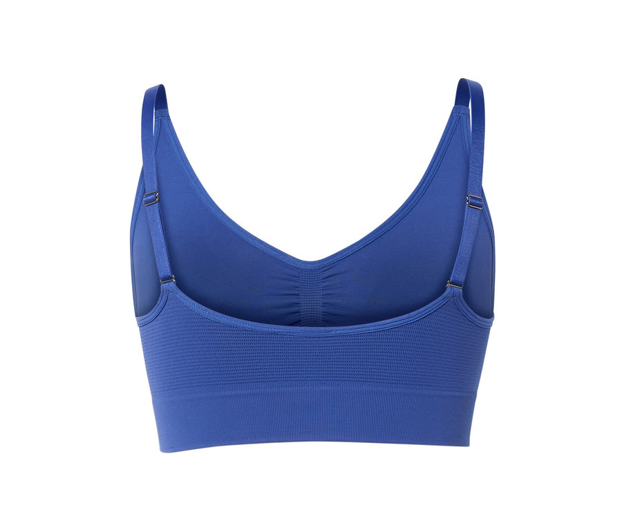 Vue détaillée de dos d'une brassière de sport Seamless bleue.
