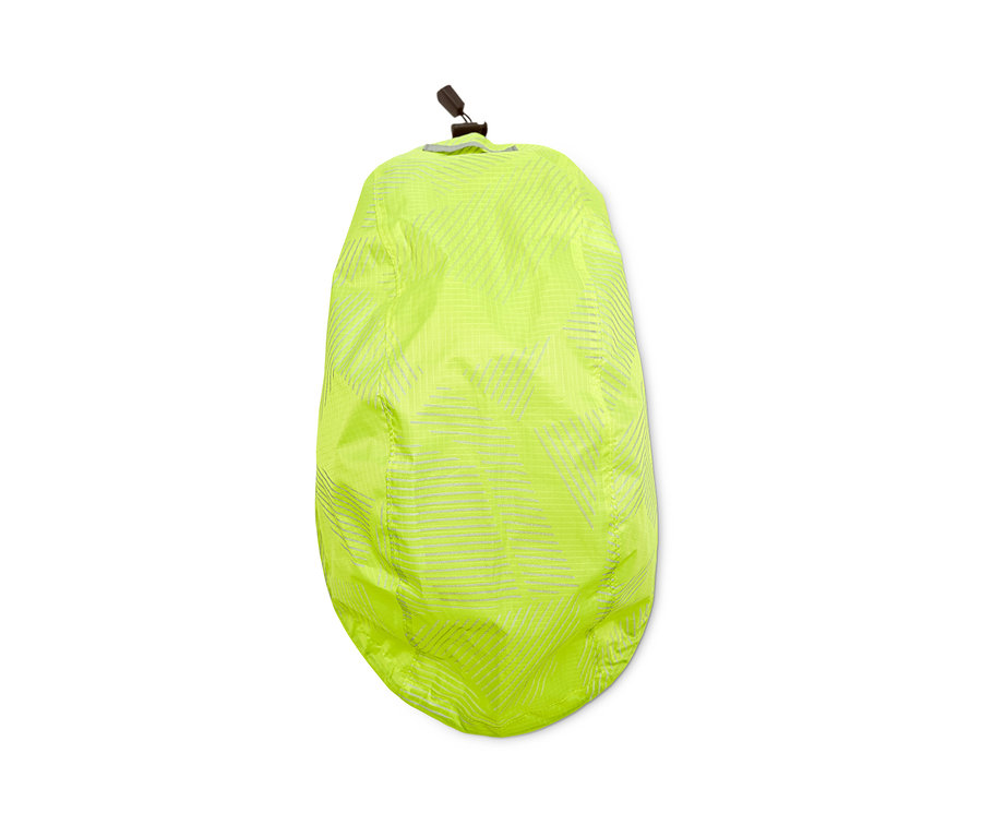 Housse de pluie jaune fluo pour casque de vélo avec des bandes réfléchissantes.