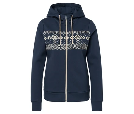 Veste à capuche marine zippée avec motif blanc.