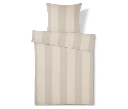 Housse de couette et oreiller à rayures beiges et blanches.