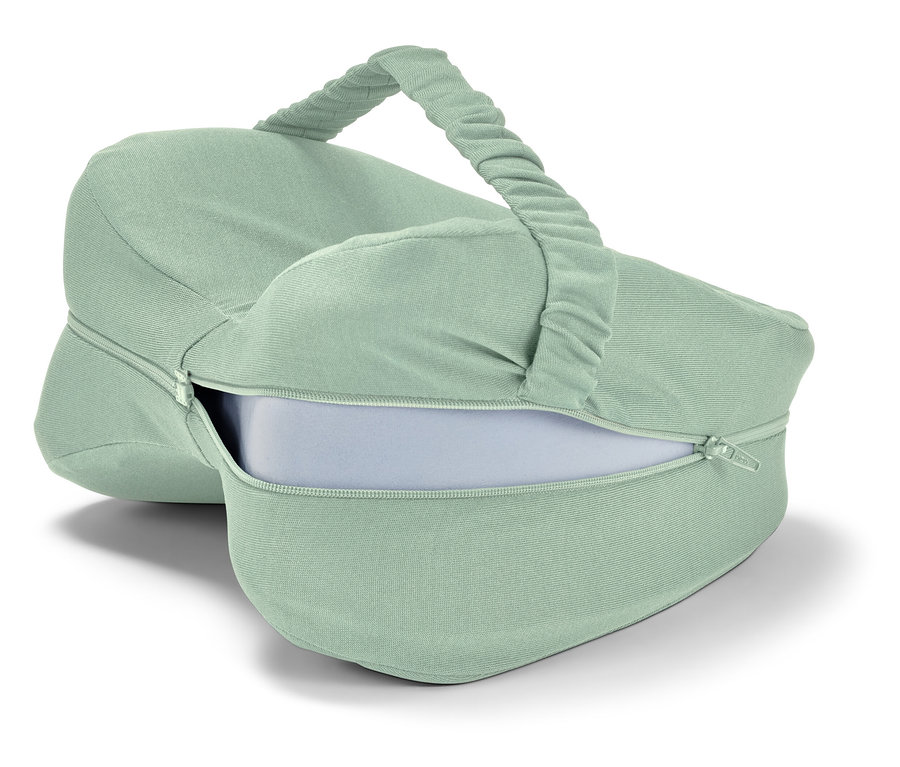Coussin ergonomique vert d'eau pour genoux pour les personnes dormant sur le côté, avec une fermeture éclair.