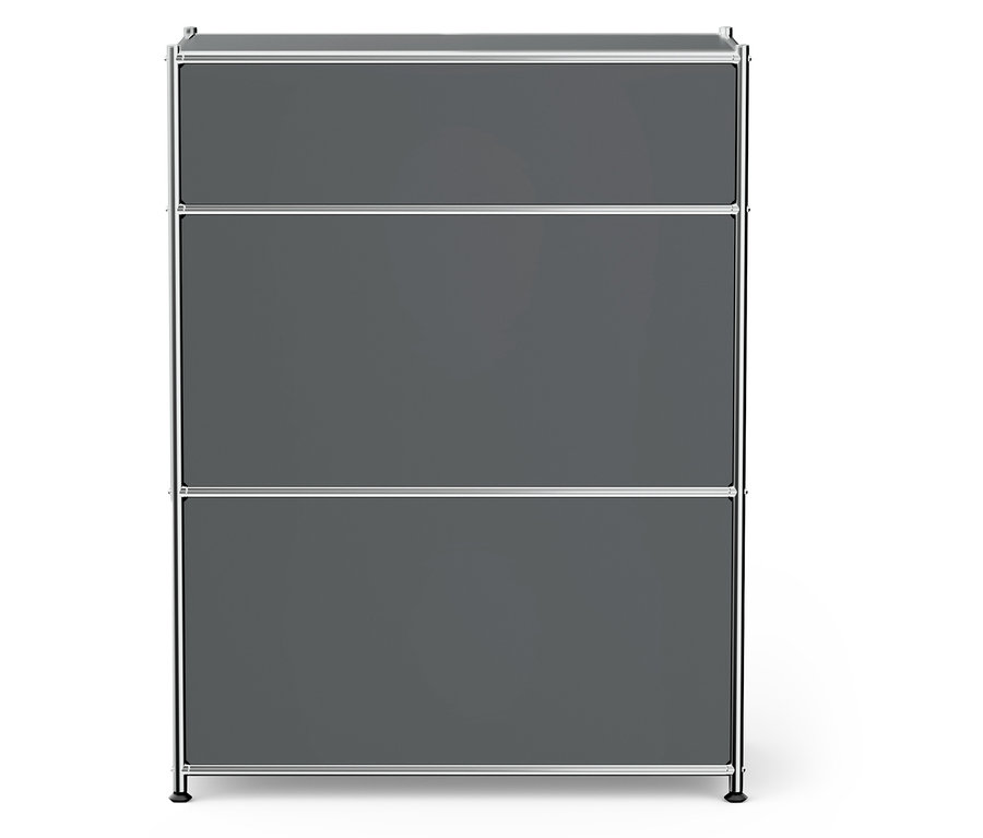 Une armoire grise avec trois étagères et un cadre en métal.