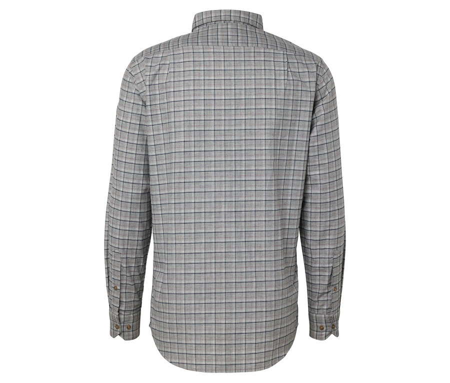 Vue arrière d'une chemise à carreaux à manches longues.