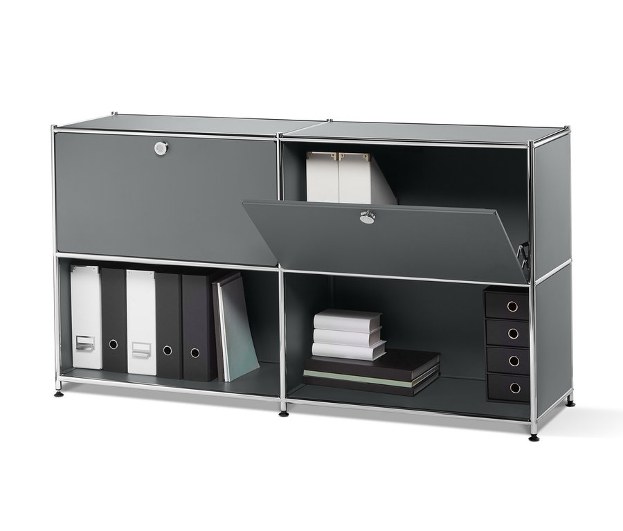 Buffet en métal gris avec 2 abattants amovibles, étagères avec livres et classeurs.