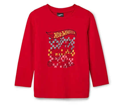T-shirt rouge à manches longues avec le logo Hot Wheels et un motif de voiture de course.