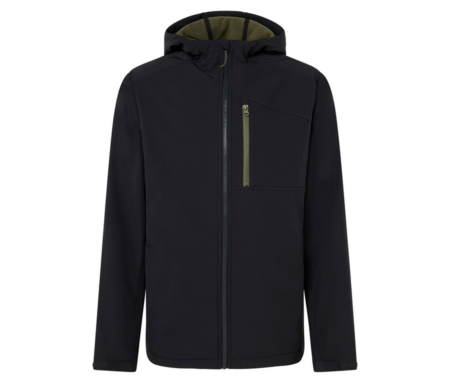 Veste à capuche noire avec fermeture éclair au centre.