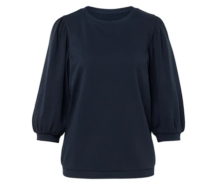 Un sweat-shirt bleu marine avec des manches bouffantes trois-quarts.