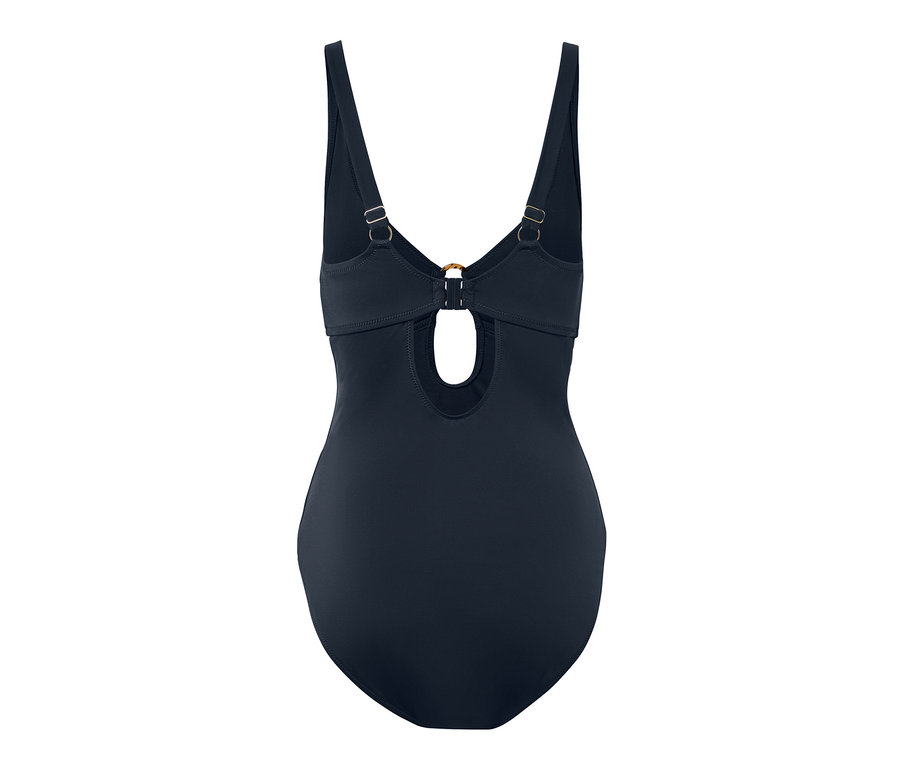 Maillot de bain noir une pièce avec bretelles réglables et anneaux décoratifs.