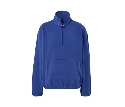 Pull en polaire bleu avec fermeture éclair courte et poches.