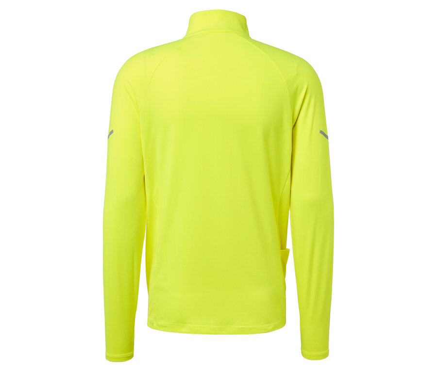 Vue arrière d'un haut de course à manches longues jaune néon avec fermeture éclair au niveau du cou.