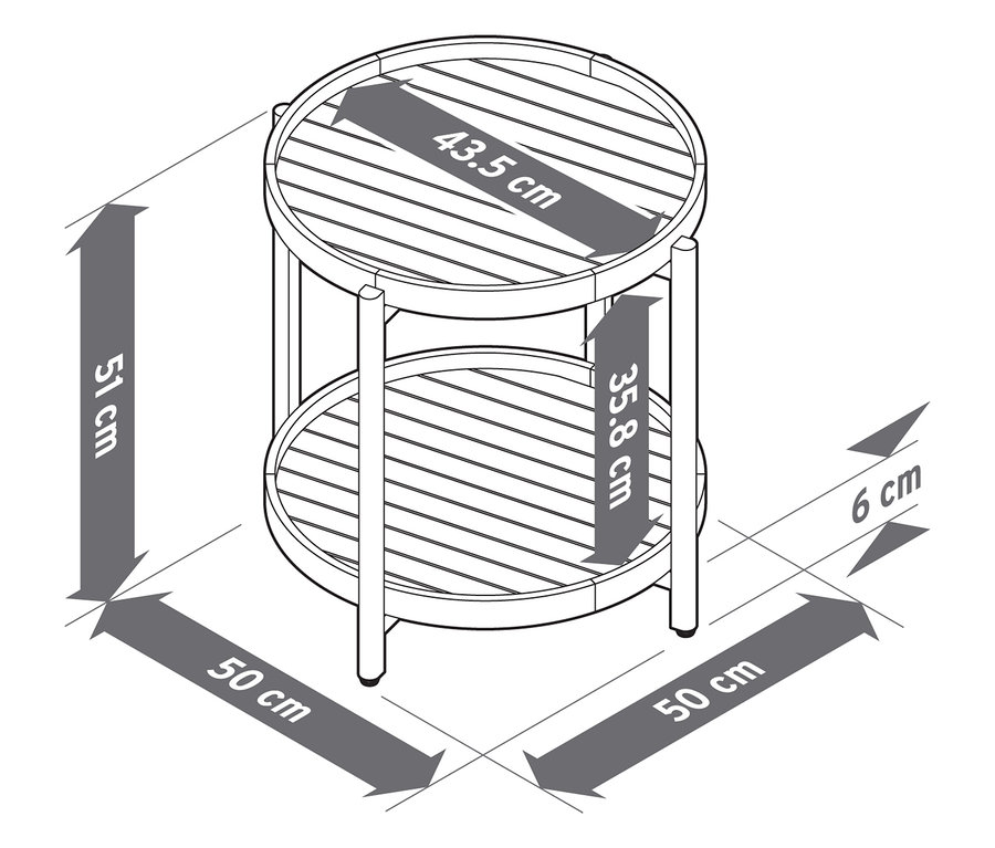 Vue de dessus d'une table d'appoint à deux étages avec des dimensions.