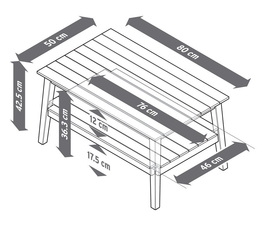 Illustration d'une table basse de jardin (environ 80 x 50 cm) avec les dimensions.