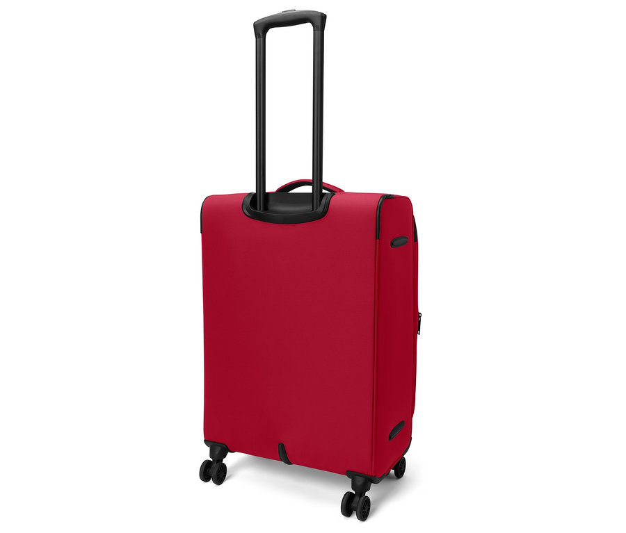 Valise rouge avec poignée extensible et quatre roues.