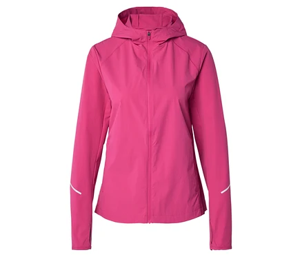 Veste rose doublée avec capuche et fermeture éclair sur le devant, manches avec détails réfléchissants.