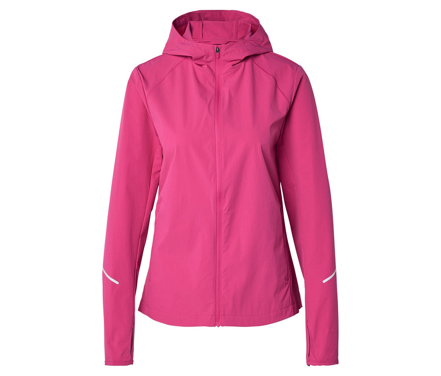 Veste rose doublée avec capuche et fermeture éclair sur le devant, manches avec détails réfléchissants.