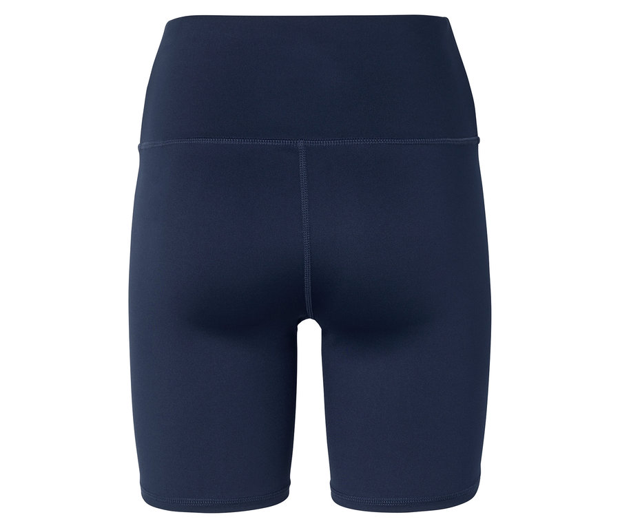 Gros plan du dos d'un short moulant bleu marine à taille haute.