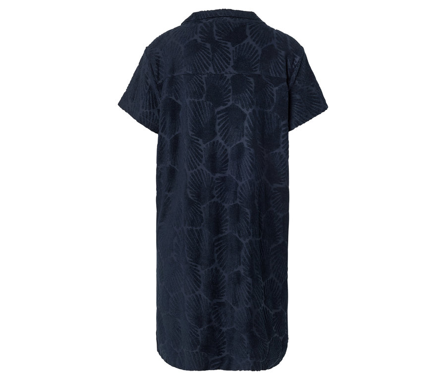 Robe bleu foncé à manches courtes avec motif de coquillages vue de derrière.