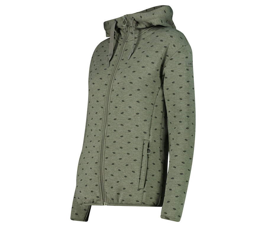 Vue de côté d'un sweat à capuche vert clair zippé avec des motifs géométriques foncés.