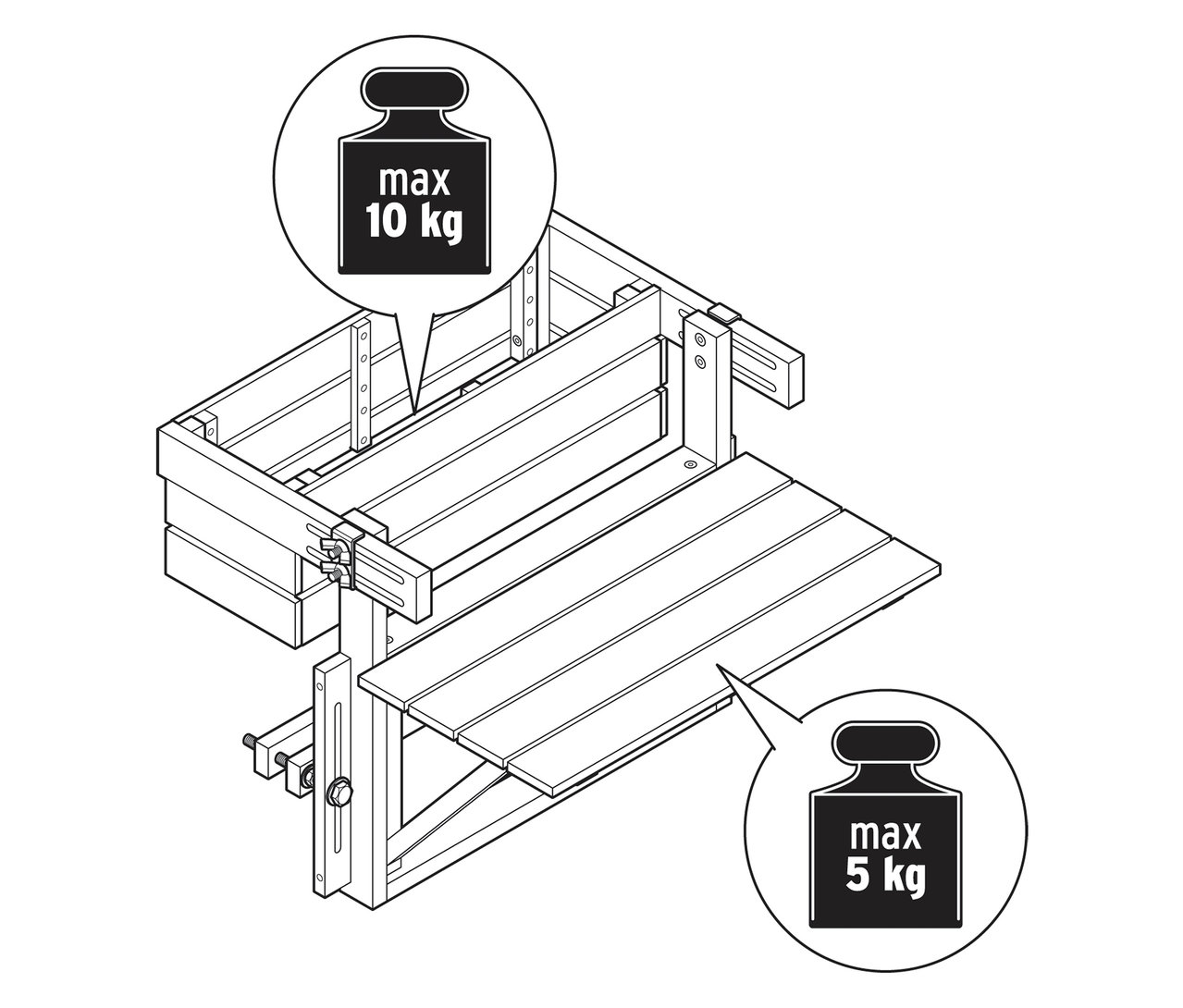 Illustration d'une construction en bois avec des indications de poids maximum de 10 kg et 5 kg.
