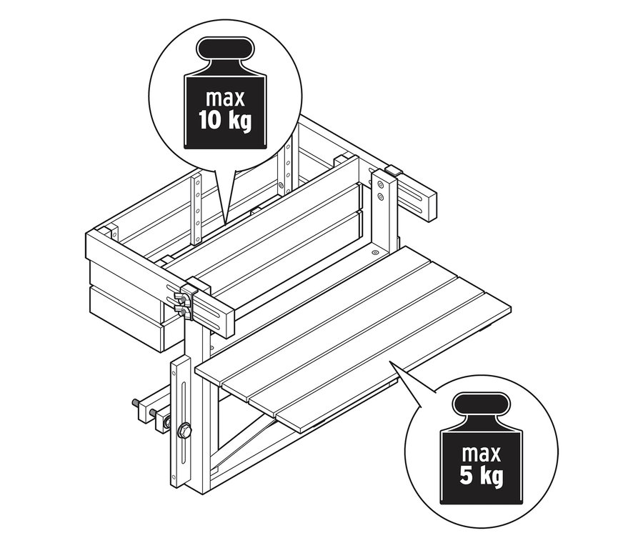 Illustration d'une construction en bois avec des indications de poids maximum de 10 kg et 5 kg.