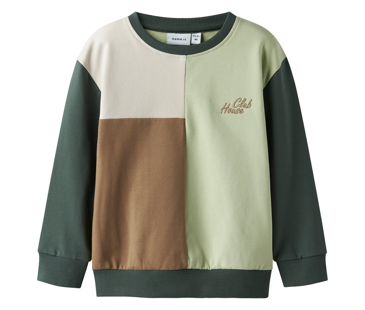 La photo montre un sweat-shirt NAME IT à blocs de couleurs.