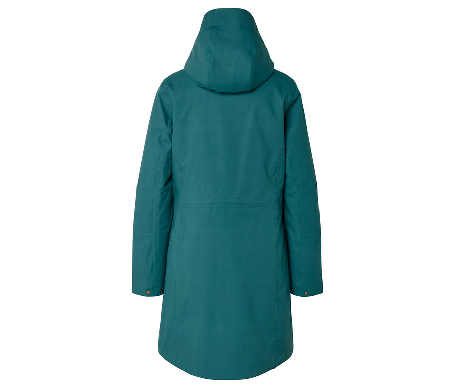 Vue arrière d'un manteau à capuche bleu pétrole.